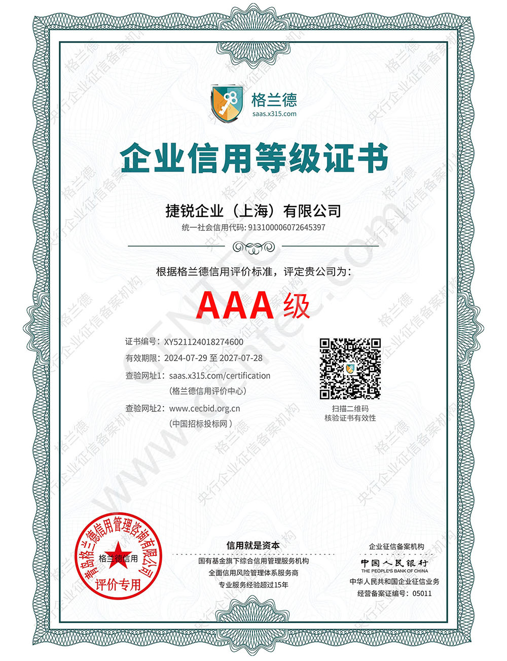 Enterprise Credit Rating AAA Certificate